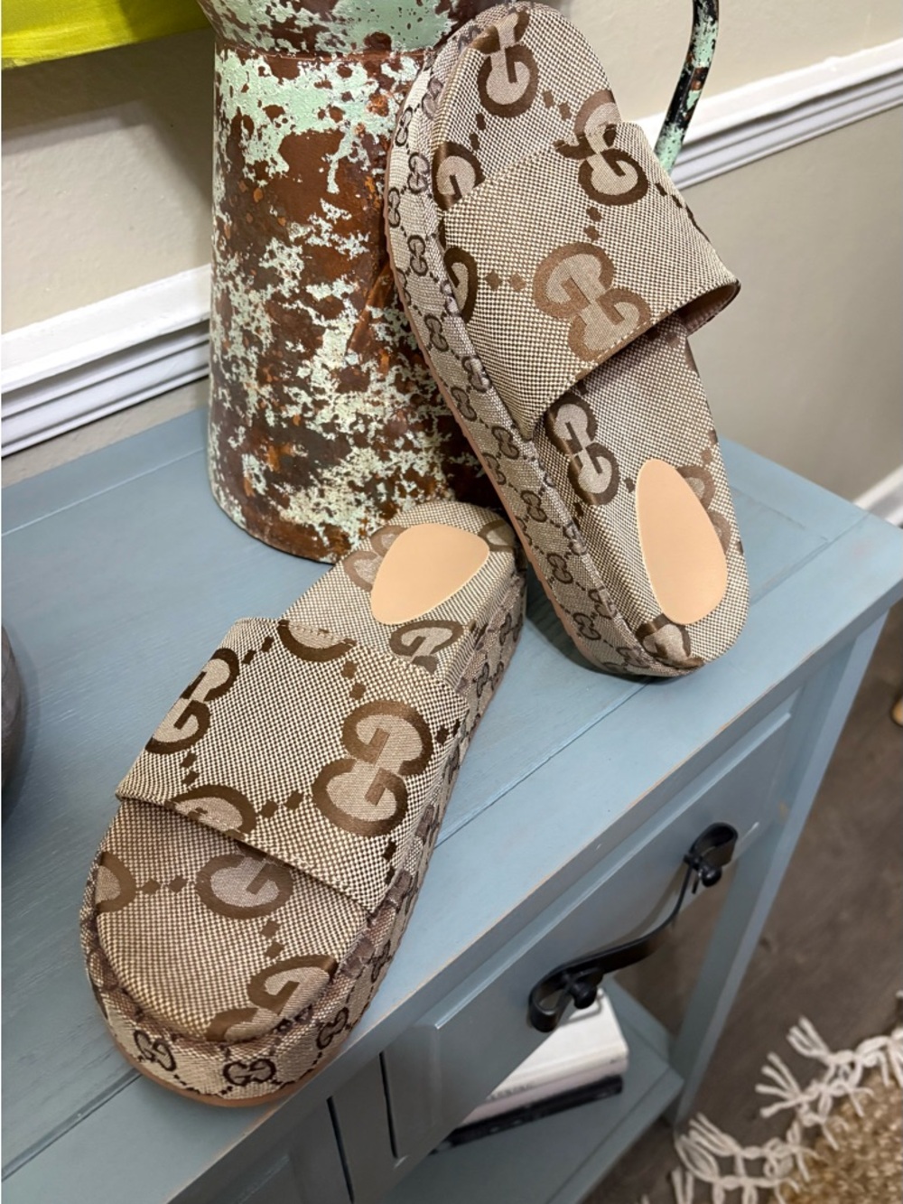 Beige Monogram Slide Sandals with Cushion Footbed